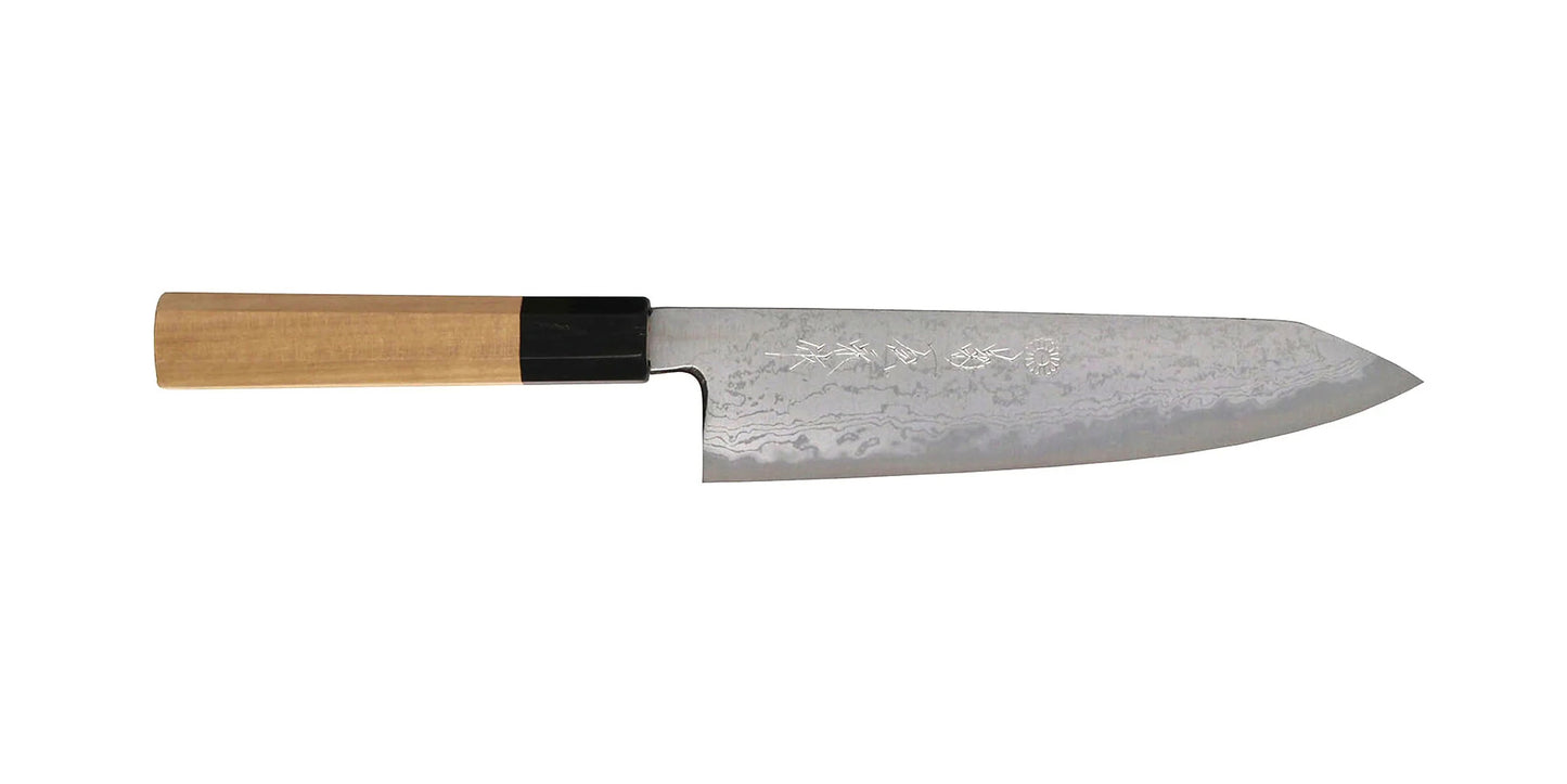 Immerse yourself in a world of unrivaled beauty and unparalleled performance with the extraordinary Kikuichi GKAD Kokaji Blue #2 Damascus Gyuto. Crafted by the esteemed Kokajikai knife makers in Sakai, this knife represents the pinnacle of craftsmanship and culinary excellence.